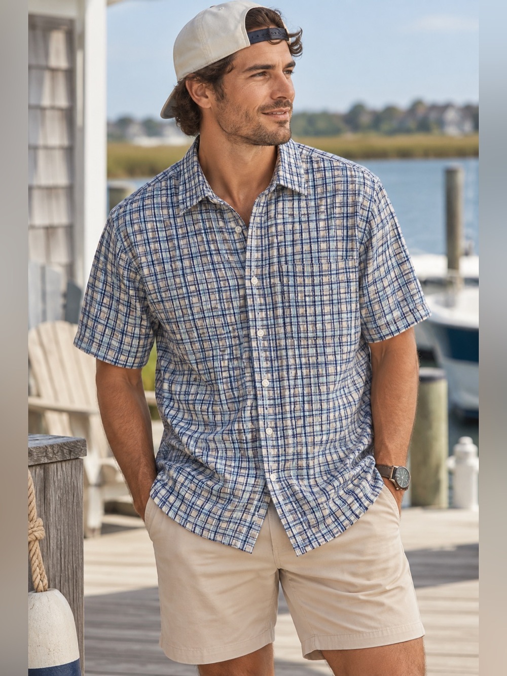 L.L.Bean Men’s Large Plaid Seersucker Short Sleeve Shirt Blue White Cotton